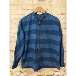 Rivet & Thread Top Womens Medium Chambray Blue Striped Button Front Long Sleeve